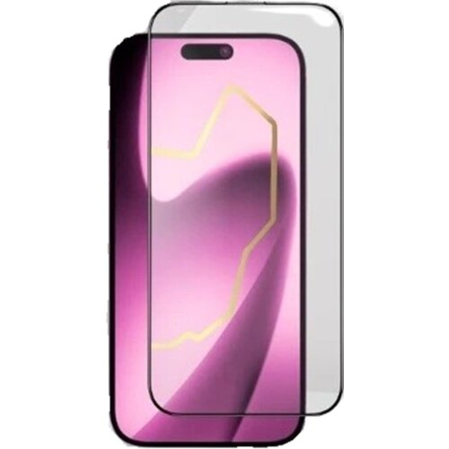 Na zdjęciu widoczny jest telefon z różowym ekranem, na którym nałożone jest przezroczyste szkło hartowane. Szkło ma wycięcie na górze, dopasowane do kształtu ekranu.
