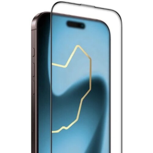 Na zdjęciu widoczne jest szkło hartowane na ekran telefonu, które jest umieszczone przed smartfonem z niebieskim tłem i złotym wzorem na ekranie. Produkt opisany jest jako "Szkło hartowane ILERA Frostedglass 2.0 do Apple iPhone 17 Pro Max".