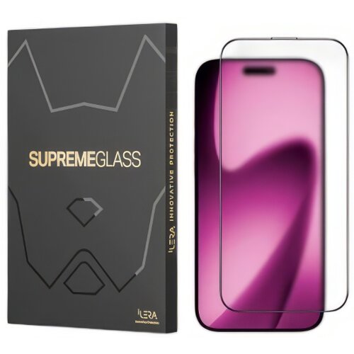 Czarne opakowanie z napisem "SUPREMEGLASS" oraz "ILERA INNOVATIVE PROTECTION" obok szkła hartowanego na ekran telefonu. Na dole opakowania widoczne jest logo "ILERA".