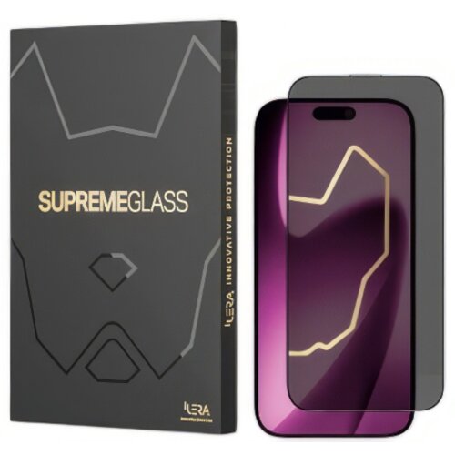 Czarny kartonik z napisem "SUPREMEGLASS" oraz "ILERA INNOVATIVE PROTECTION" obok szkła ochronnego na ekran telefonu. Na opakowaniu widoczne są geometryczne wzory, a szkło ma ciemne obramowanie.