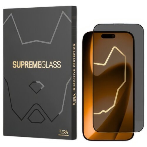 Opakowanie produktu z napisem "SUPREME GLASS" oraz "ILERA INNOVATIVE PROTECTION" obok szkła ochronnego na telefon. Logo "ILERA" znajduje się na dole opakowania.