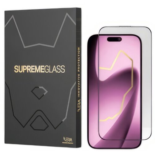 Opakowanie produktu z napisem "SUPREME GLASS" oraz "ILERA INNOVATIVE PROTECTION" obok szkła hartowanego na ekran telefonu. Na dole opakowania widoczne jest logo "ILERA ORIGINAL DESIGN".