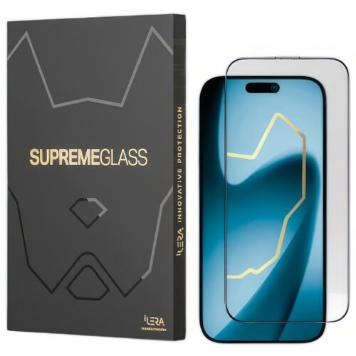 Na zdjęciu widoczna jest czarna opakowanie z napisem "SUPREMEGLASS" oraz "ILERA INNOVATIVE PROTECTION", obok którego znajduje się szkło hartowane na telefon z niebieskim wzorem. Logo "ILERA" znajduje się na dole opakowania.
