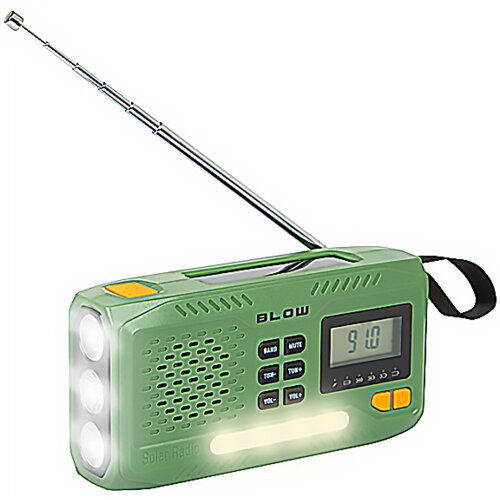 Zielone, przenośne radio z wysuwaną anteną, wyświetlaczem LCD pokazującym "91.0" oraz przyciskami funkcyjnymi. Na obudowie widoczne są napisy: "BLOW" i "Solar Radio".