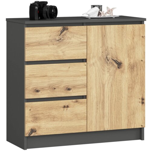 Komoda AKORD JERRY Grafit Szary 80 cm 1 drzwi 3 szuflady kolor Dąb Artisan mat 2 półki 80x35x77 cm