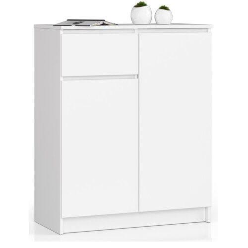 Biała komoda z matowym wykończeniem, posiadająca dwie drzwi, jedną szufladę i cztery półki, o wymiarach 80x40x99 cm. Na górze komody znajdują się dwie białe doniczki z zielonymi roślinami oraz otwarta książka.