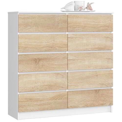 Komoda AKORD K120 Biała 120 cm 10 szuflad kolor Dąb Sonoma mat 120x40x121 cm