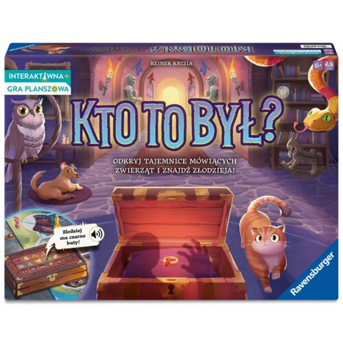 Na zdjęciu znajduje się pudełko gry planszowej z napisem "KTO TO BYŁ?" oraz hasłem "ODKRYJ TAJEMNICE MÓWIĄCYCH ZWIERZĄT I ZNAJDŹ ZŁODZIEJA!". W tle widoczne są ilustracje zwierząt, otwarta skrzynia oraz logo "Ravensburger".