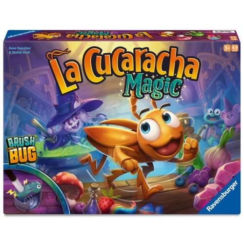 Na okładce gry planszowej widoczny jest rysunek uśmiechniętego owada w otoczeniu kolorowych przedmiotów, z napisem "La Cucaracha Magic" oraz logo "Ravensburger" w rogu. W tle znajduje się postać w kapeluszu nad kociołkiem, a w dolnym rogu widnieje napis "