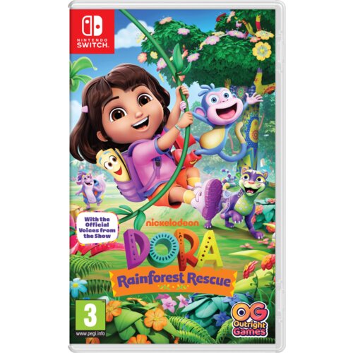 Okładka gry "Dora: Rainforest Rescue" na konsolę Nintendo Switch przedstawia postać animowaną w dżungli, z uśmiechniętymi zwierzętami i kolorowymi roślinami. Widoczne są napisy: "With the Official Voices from the Show", "nickelodeon", "DORA Rainforest Rescue", "OG Outright Games" oraz oznaczenie wiekowe 3+.