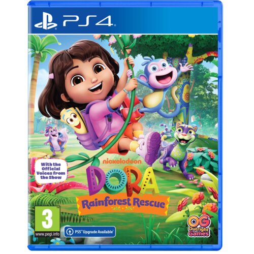 Okładka gry "Dora: Rainforest Rescue" na PS4 przedstawia postać dziewczynki w różowym stroju, huśtającą się na lianie w otoczeniu kolorowych zwierząt i roślin. Widoczne są napisy: "With the Official Voices from the Show", "nickelodeon", "DORA Rainforest R