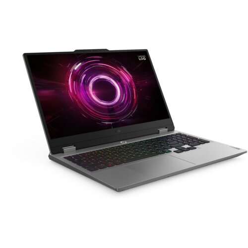 Na zdjęciu widoczny jest otwarty laptop z kolorowym, podświetlanym ekranem, na którym wyświetlany jest abstrakcyjny, różowy wzór w kształcie okręgu. Klawiatura laptopa jest podświetlana różnymi kolorami, a na obudowie ekranu znajduje się napis "Lenovo LOQ