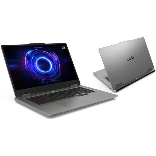 Na zdjęciu widoczny jest laptop z otwartym ekranem, na którym wyświetlany jest abstrakcyjny, kolorowy wzór przypominający wir. Obok znajduje się zamknięty laptop z widocznym logo "LOQ" na obudowie.