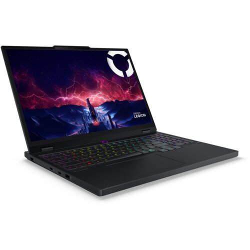 Laptop z otwartym ekranem wyświetlającym grafikę z krajobrazem górskim i burzą, z widocznym logo "Legion" w prawym dolnym rogu. Klawiatura jest podświetlana w różnych kolorach.