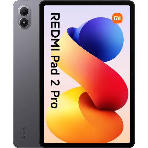 Na zdjęciu widoczny jest tablet z dużym ekranem, na którym wyświetlony jest kolorowy kształt przypominający wstęgę oraz napis "REDMI Pad 2 Pro". W lewym górnym rogu ekranu znajduje się logo "mi", a na obudowie tabletu widoczny jest napis "REDMI".