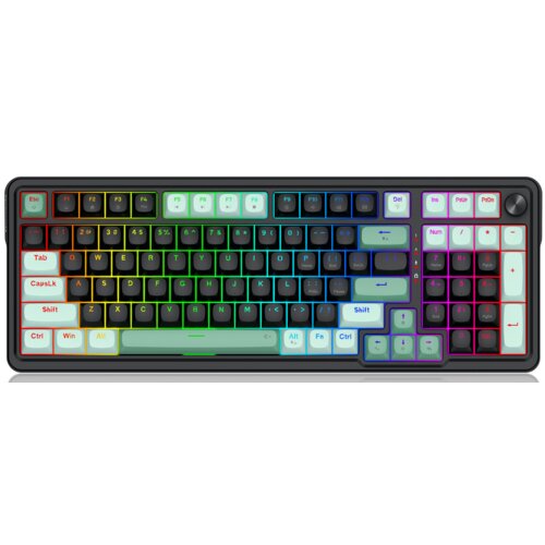 Na zdjęciu znajduje się klawiatura z podświetleniem RGB, posiadająca pełny układ klawiszy, w tym sekcję numeryczną. Klawisze są oznaczone standardowymi symbolami, a niektóre z nich mają różne kolory podświetlenia, takie jak czerwony, zielony, niebieski i 