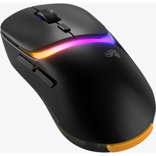 Czarna mysz komputerowa z podświetleniem RGB w kolorach fioletowym, różowym i pomarańczowym, z widocznym logo w kształcie stylizowanej głowy. Na boku myszki znajdują się dwa przyciski, a na powierzchni widoczny jest tekst "Ascended" oraz "Glorious".