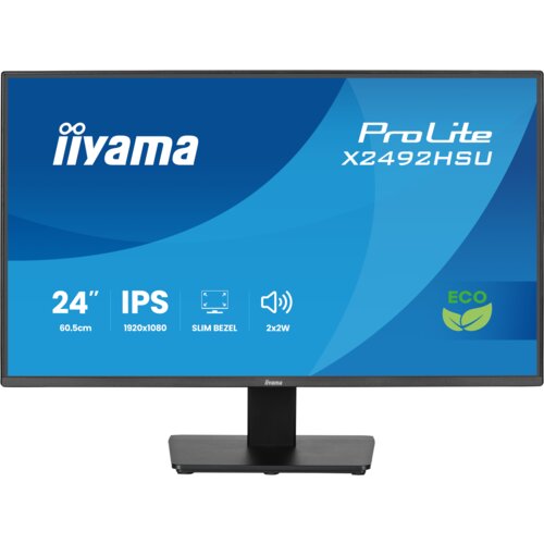 Na zdjęciu widoczny jest monitor z logo "iiyama" oraz napisami: "ProLite X2492HSU", "24” 60.5cm", "IPS", "1920x1080", "SLIM BEZEL", "2x2W" i symbolem "ECO" z liśćmi. Monitor ma cienką ramkę i jest umieszczony na prostokątnej podstawie.