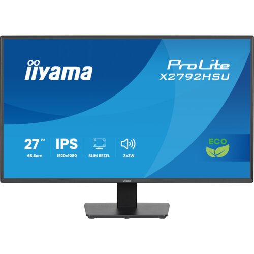 Monitor marki iiyama z serii ProLite X2792HSU-B1 o przekątnej 27 cali, rozdzielczości 1920x1080 pikseli, technologii IPS, częstotliwości odświeżania 120Hz i czasie reakcji 3 ms [GTG]. Na ekranie widoczne są ikony i napisy: "27” 68.6cm", "IPS 1920x1080", "SLIM BEZEL", "2x2W" oraz symbol "ECO" z liśćmi.