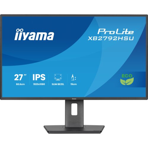 Monitor marki iiyama z serii ProLite XB2792HSU, o przekątnej 27 cali, rozdzielczości 1920x1080 pikseli, technologii IPS, częstotliwości odświeżania 120Hz i czasie reakcji 3 ms [GTG]. Na ekranie widoczne są ikony i napisy: "27” 68.6cm", "IPS", "1920x1080", "SLIM BEZEL", "15cm" oraz symbol "ECO" z liśćmi.