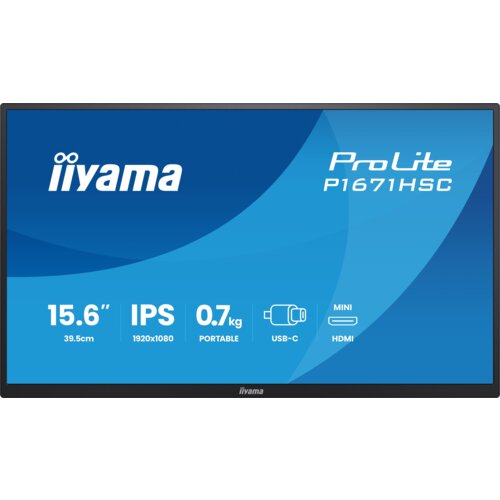 Monitor z wyświetlonymi informacjami: "iiyama ProLite P1671HSC", "15.6” 39.5cm", "IPS 1920x1080", "0.7 kg PORTABLE", "USB-C", "MINI HDMI".