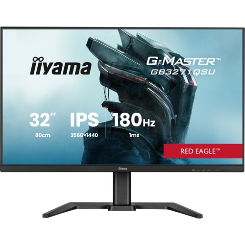 Monitor z widocznym logo "iiyama" oraz napisami: "G-Master GB3271QSU", "32” 80cm", "IPS", "2560x1440", "180Hz", "1ms", "Red Eagle". Na ekranie znajduje się grafika przedstawiająca futurystyczny hełm.