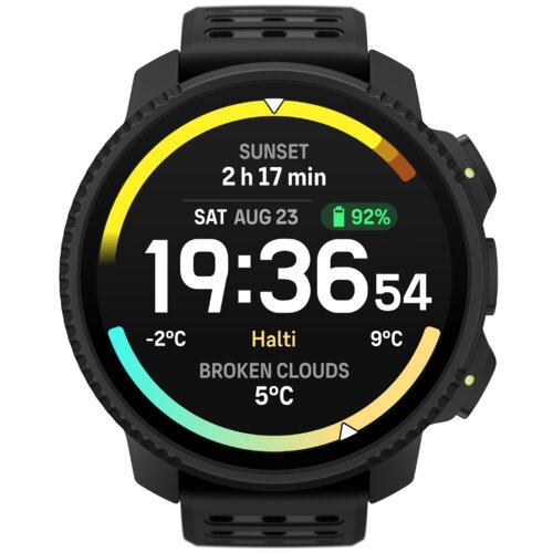 Czarny smartwatch z okrągłym wyświetlaczem pokazuje godzinę 19:36:54, datę SAT AUG 23, poziom naładowania baterii 92%, oraz informacje o pogodzie: temperatura -2°C i 9°C, "BROKEN CLOUDS" 5°C. Na ekranie widoczny jest także czas do zachodu słońca 2 h 17 mi