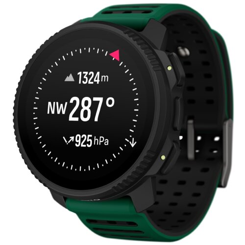 Smartwatch z zielonym paskiem wyświetla na ekranie informacje: wysokość 1324 m, kierunek NW 287°, ciśnienie 925 hPa.