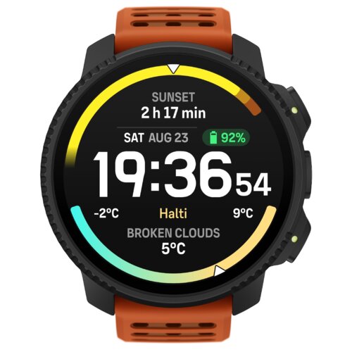 Smartwatch z czarną tarczą i pomarańczowym paskiem wyświetla godzinę 19:36:54, datę SAT AUG 23, poziom naładowania baterii 92%, oraz informacje o pogodzie: -2°C, 9°C, Halti, BROKEN CLOUDS, 5°C. Na górze ekranu widoczny jest czas do zachodu słońca: 2 h 17 