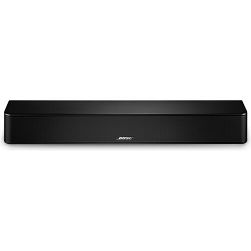 Czarny soundbar z widocznym logo "BOSE" na przedniej kratce. Produkt ma prostokątny kształt i minimalistyczny design.