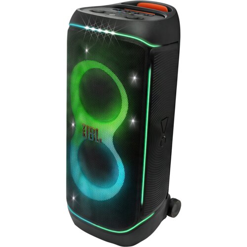 Czarny głośnik JBL PartyBox 720 Karaoke z podświetleniem LED w kształcie ósemki, emitującym zielone i niebieskie światło. Na głośniku widoczne jest logo "JBL".