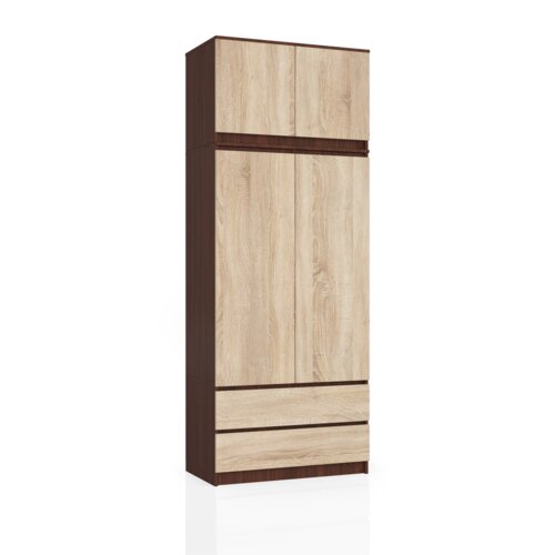 Dwudrzwiowa szafa z nadstawką w kolorze dąb sonoma mat, z sześcioma półkami i dwoma szufladami, wykończona wenge. Produkt ma wymiary 90x51x234 cm.