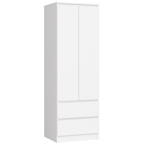 Biała szafa z matowym wykończeniem, posiadająca dwoje drzwi oraz dwie szuflady, o wymiarach 60x51x180 cm. Produkt ma prostą konstrukcję z jedną półką wewnątrz.