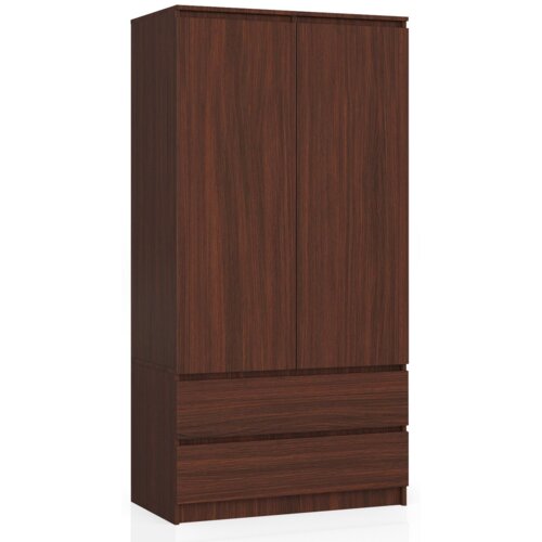 Dwudrzwiowa szafa w kolorze wenge mat z czterema półkami i dwiema szufladami, o wymiarach 90x51x180 cm. Fronty szafy mają wyraźną teksturę drewna.