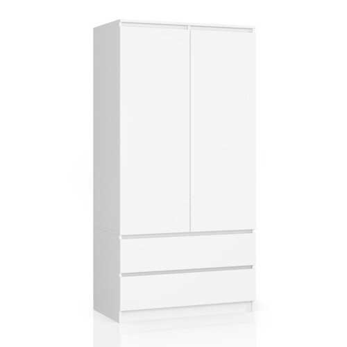 Biała szafa z matowym wykończeniem, wyposażona w dwie drzwi i dwie szuflady, posiada cztery półki. Wymiary szafy to 90x51x180 cm.