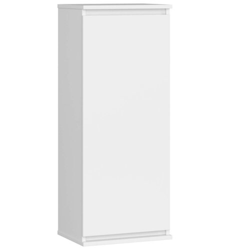 Biała szafka o prostokątnym kształcie z jednymi drzwiami, wykończona w matowym kolorze, posiada trzy półki wewnętrzne. Produkt ma wymiary 40x30x99 cm.