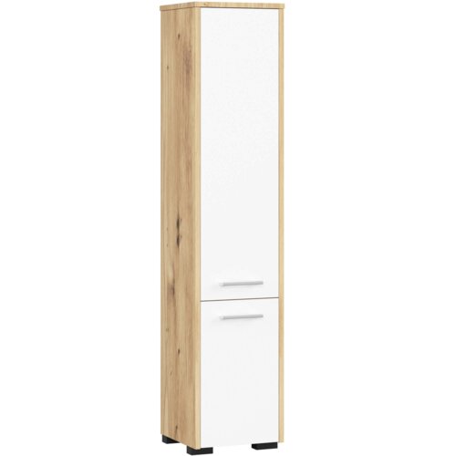 Na zdjęciu widoczny jest słupek łazienkowy o prostokątnej formie, z dwoma białymi, matowymi drzwiami i uchwytami, oraz bokami w kolorze dębu Artisan. Mebel stoi na czarnych nóżkach i ma pięć półek wewnętrznych.