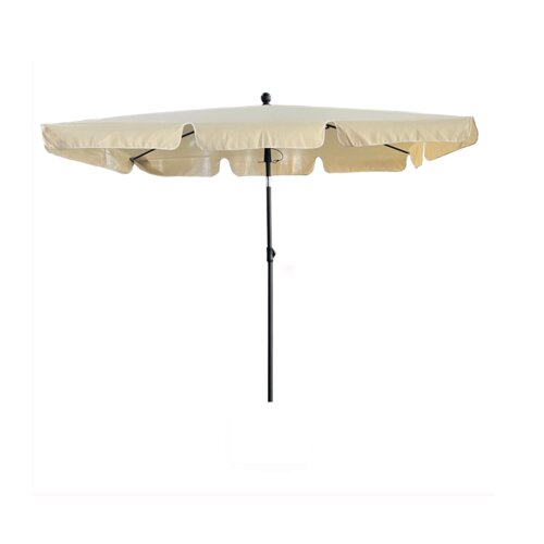 Beżowy parasol ogrodowy z ochroną UV, o wymiarach 200x123x235 cm i wadze 2,8 kg, z czarnym stelażem. Parasol ma prosty, klasyczny kształt z falbaną na krawędzi.