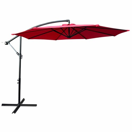 Czerwony parasol ogrodowy z ochroną UV, o wymiarach 300x300x245 cm i wadze 12,1 kg, zamontowany na czarnym, metalowym stelażu z podstawą w kształcie krzyża. Konstrukcja parasola jest boczna, z mechanizmem regulacji wysokości.