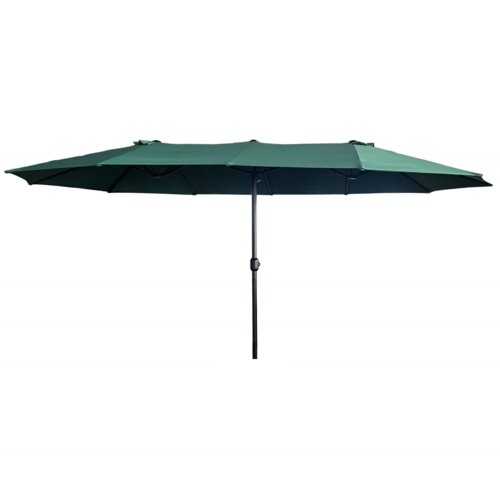 Ciemnozielony podwójny parasol ogrodowy z centralnym stelażem, o wymiarach 460x270x245 cm i wadze 12,3 kg, rozłożony na białym tle. Produkt nie posiada widocznych napisów ani logo.