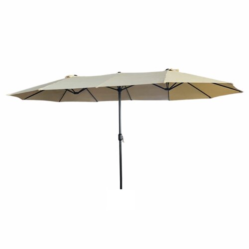 Beżowy podwójny parasol ogrodowy z czarną metalową konstrukcją, o wymiarach 460x270x245 cm i wadze 12,3 kg. Parasol posiada centralny słupek i rozkładane ramiona podtrzymujące materiał.