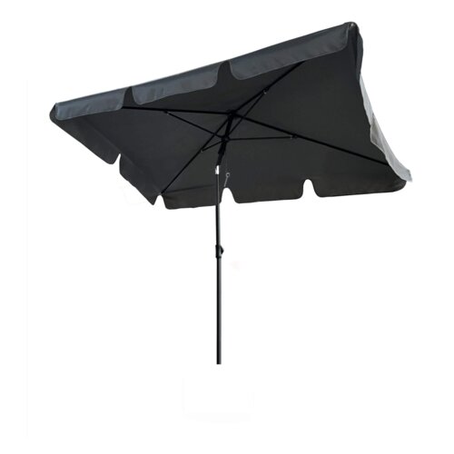 Ciemnoszary parasol ogrodowy z prostokątnym daszkiem i metalowym stelażem. Produkt opisany jako "Parasol ogrodowy FLOKS z ochroną UV ciemnoszary waga 2,8 kg wymiary 200x123x235 cm".