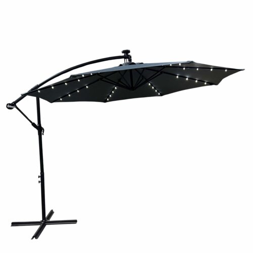 Ciemnoszary parasol ogrodowy z oświetleniem LED, zamontowany na metalowym stelażu z krzyżową podstawą. Produkt ma wymiary 300x300x245 cm i waży 12,7 kg.