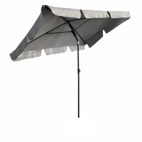 Jasnoszary parasol ogrodowy z ochroną UV, o wymiarach 200x123x235 cm i wadze 2,8 kg, z czarnym stelażem i falbaną na krawędzi. Produkt jest przedstawiony na białym tle.