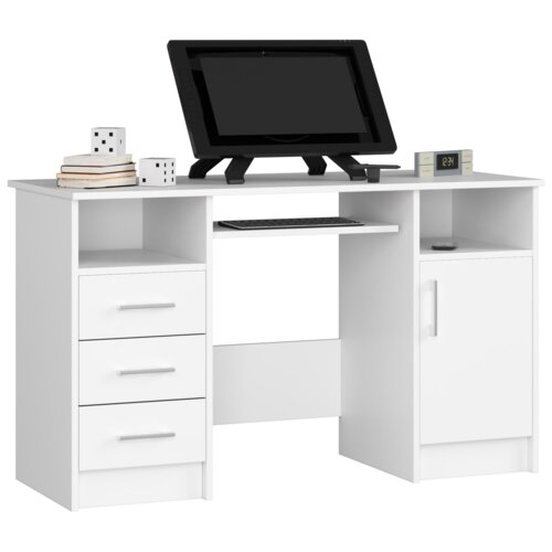 Biurko AKORD ANA Białe 124 cm biurko komputerowe 1 drzwi 3 szuflady kolor Biały mat 5 półek 124x52x74 cm