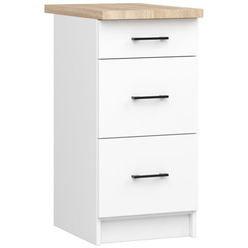 Biała szafka kuchenna z trzema szufladami, każda z czarnym uchwytem, posiada blat w kolorze jasnego drewna. Szafka ma prosty, nowoczesny design i matowe wykończenie.