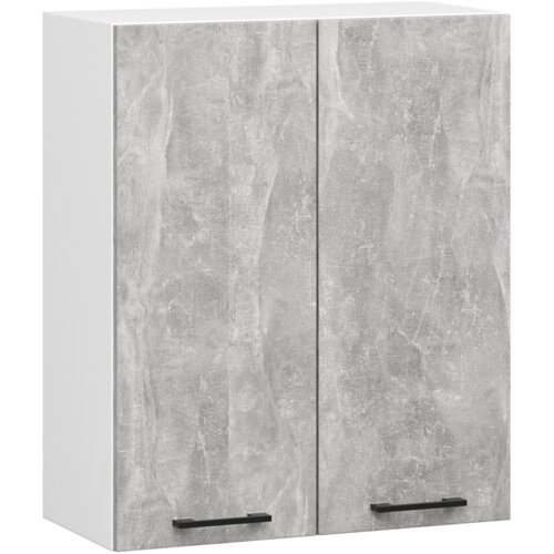 Biała szafka kuchenna z systemu OLIWIA o wymiarach 60x30x72 cm, posiadająca dwie drzwi w kolorze beton mat z czarnymi uchwytami. Szafka wyposażona jest w dwie półki.