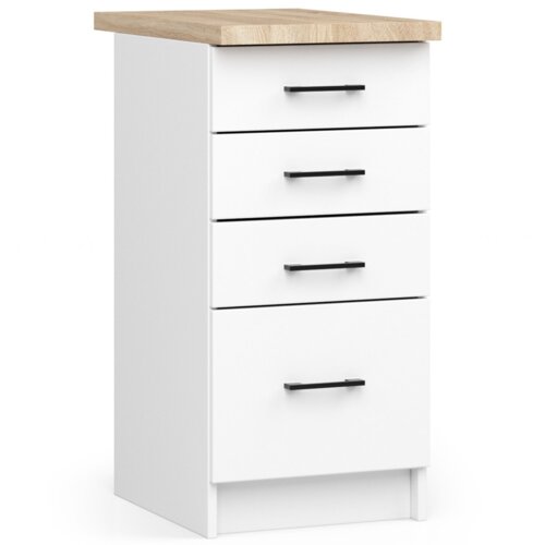 Biała szafka kuchenna z czterema szufladami, każda wyposażona w czarne uchwyty, posiada blat w kolorze jasnego drewna. Szafka ma prosty, nowoczesny design i matowe wykończenie.