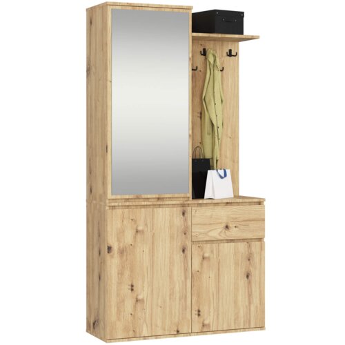 Zestaw do przedpokoju z lustrem AKORD ENTRO Dąb Artisan 95 cm 1 szuflada 3 drzwi 7 półek 95x35x183 cm