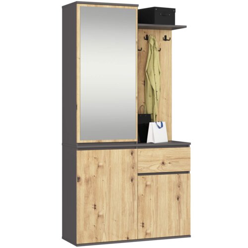 Zestaw do przedpokoju z lustrem AKORD ENTRO Grafit Szary, Dąb Artisan 95 cm 1 szuflada 3 drzwi 7 półek 95x35x183 cm